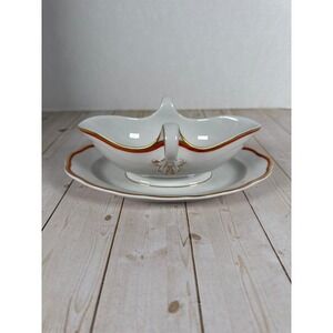 Meissen Orange Band Gravy Boat Underplate Crossed Swords Porcelain Germany Gold